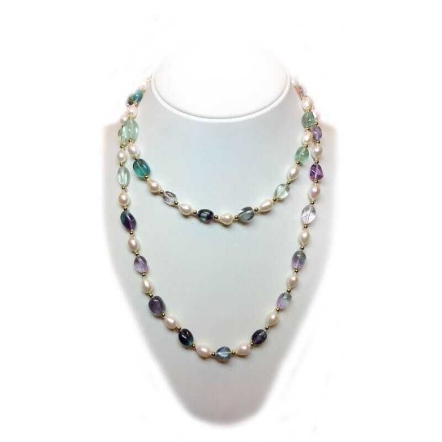 Gems Jewelry Diamond Centre | Necklace Of Rice And Fluorite Pearls With Gold Rhodium Inserts-102Cm