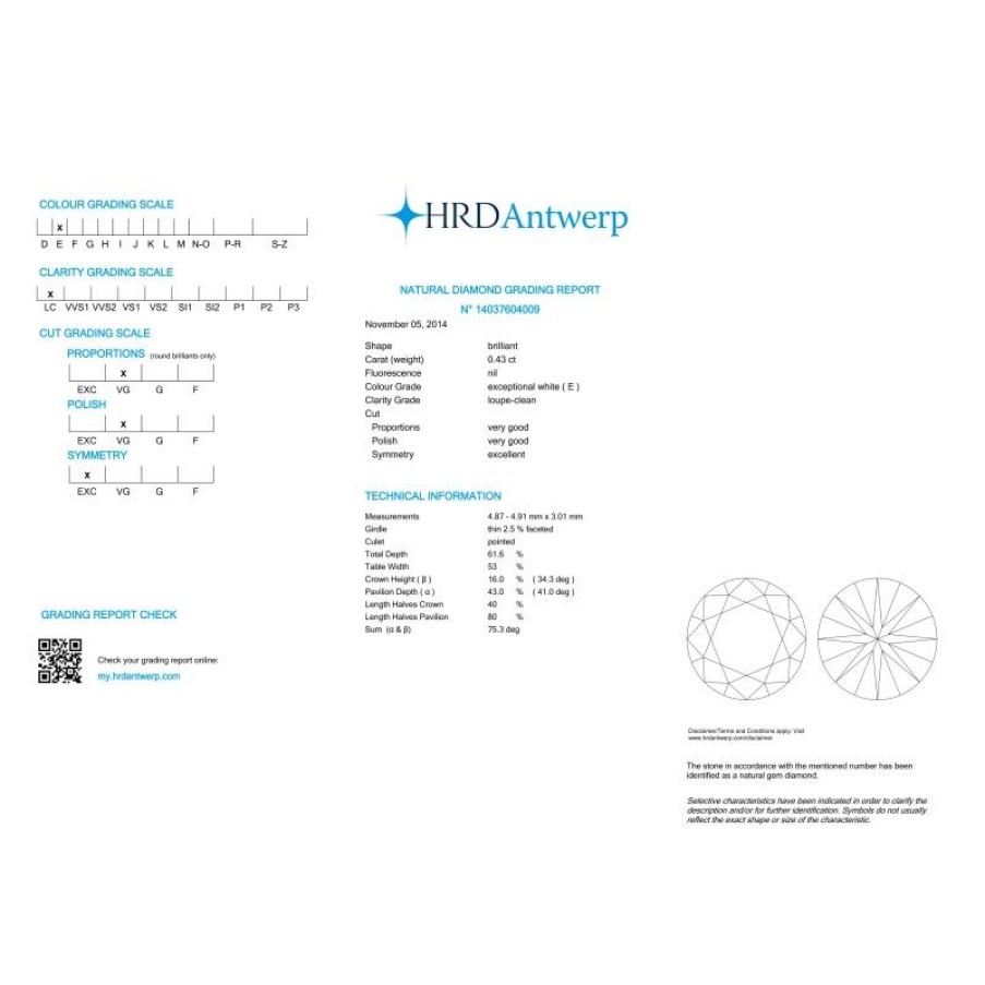 Certified Diamonds HRD Antwerp | Diamond Certified Hrd 0.43 If E - Rep.14037604009