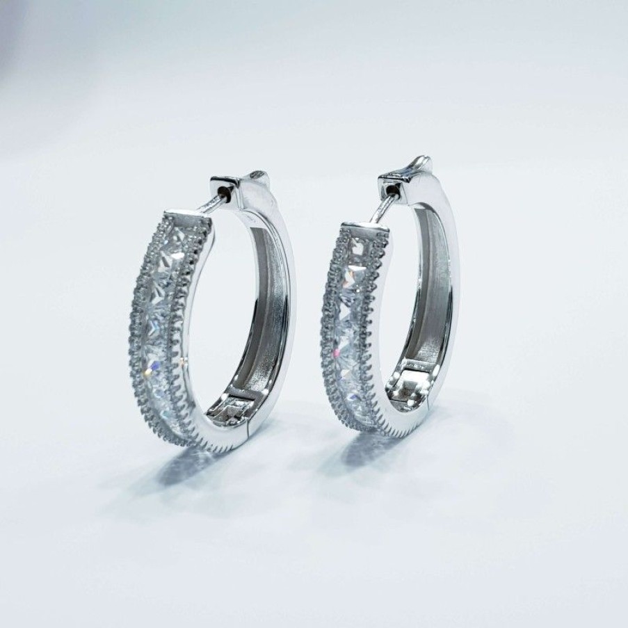 Silver Jewelry Diamond Centre | 925 Sterling Silver Rhodium Plated White Gold Hoop Earrings - (Venus)