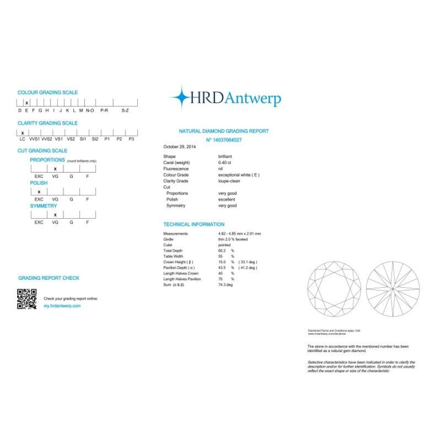 Certified Diamonds HRD Antwerp | Certified Diamond Hrd 0.40 If E - Rep.14037064027