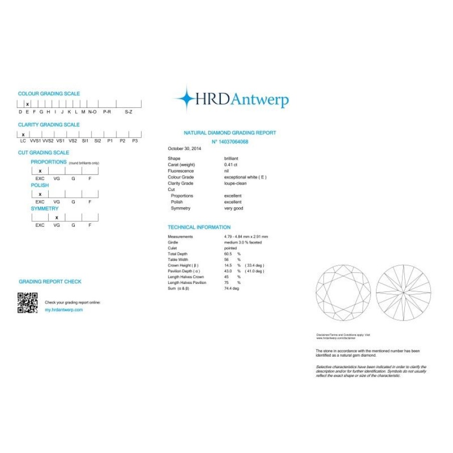 Certified Diamonds HRD Antwerp | Diamond Certified Hrd 0.41 If E - Rep.14037064068