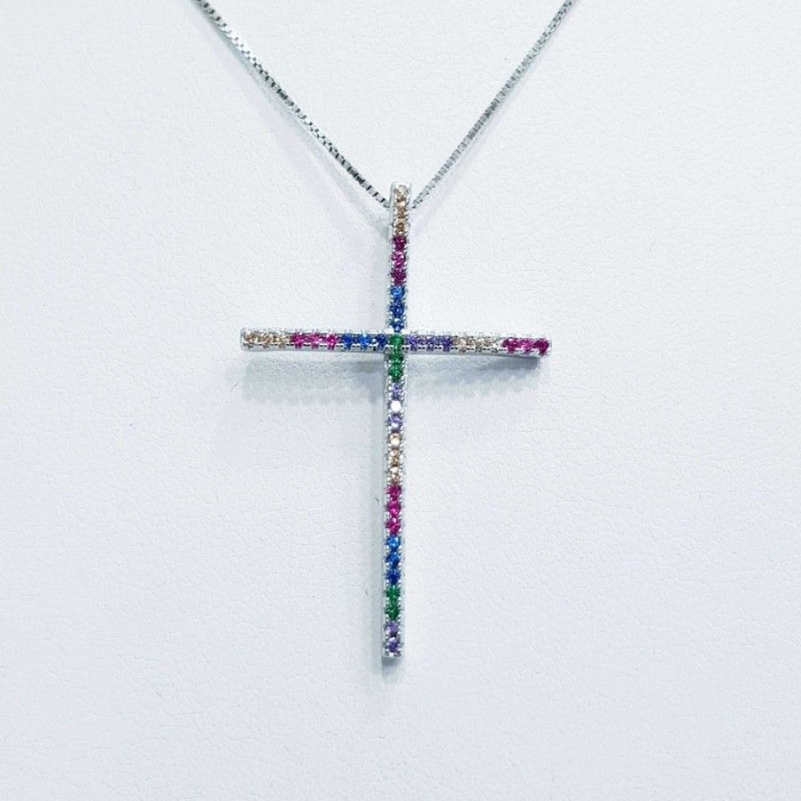 Cross Diamond Centre | Cross Pendant In Rhodium Silver With Multicolor Zircon Diamonds