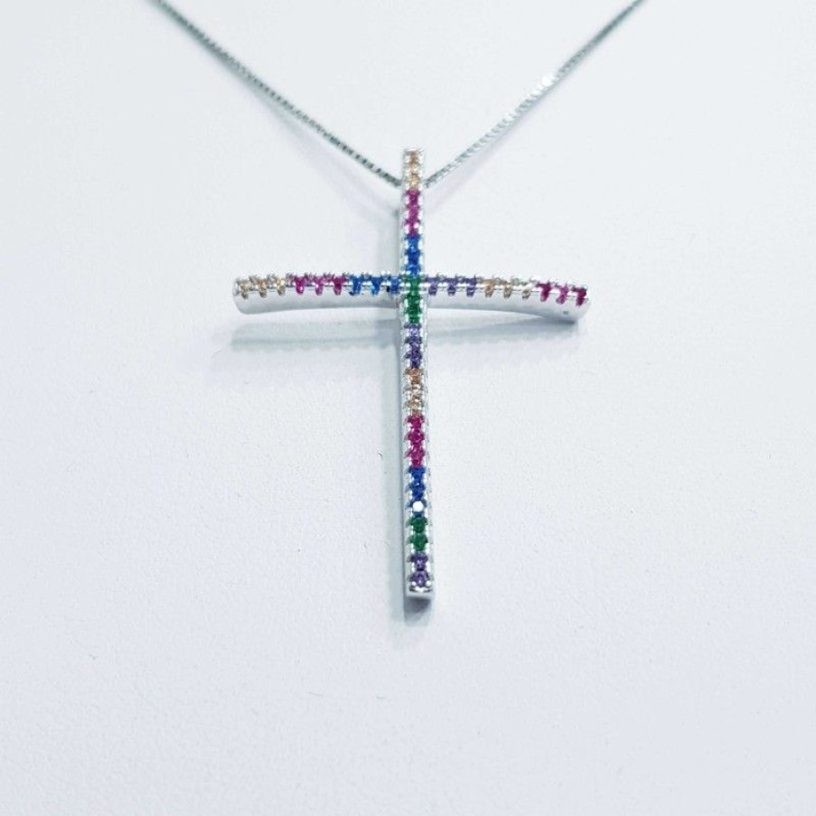 Cross Diamond Centre | Cross Pendant In Rhodium Silver With Multicolor Zircon Diamonds