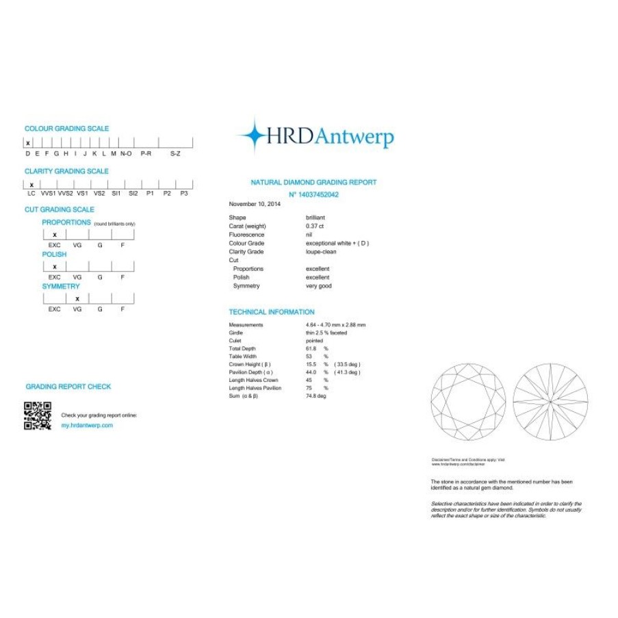 Certified Diamonds HRD Antwerp | Certified Diamond Hrd 0.37 If D - Rep.14037452042