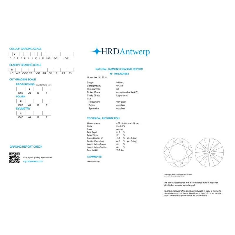 Certified Diamonds HRD Antwerp | Diamond Certified Hrd 0.43 If E - Rep.14037604053