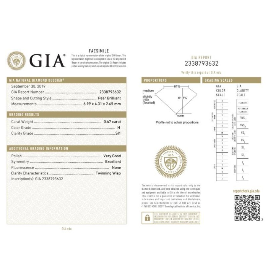 Certified Diamonds GIA | Gia Certified Diamond 0.47 H Si1- Rep.2338793632 Laser Inscription