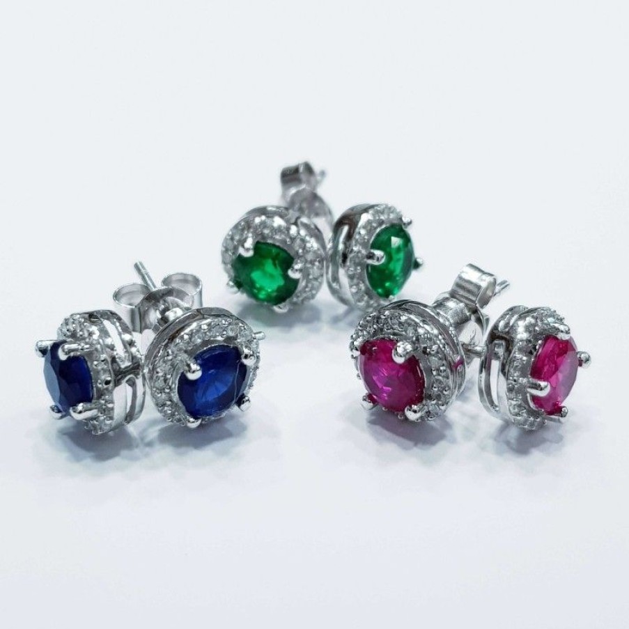 Silver Jewelry Diamond Centre | 925 Sterling Silver Rhodium Plated White Gold Earrings With Multi Color Gems