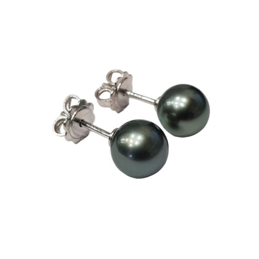 Gold Jewelry Self-Produced | 18 Kt White Gold Earrings With Tahitian Pearls 8.00-8.50 Mm Aaa